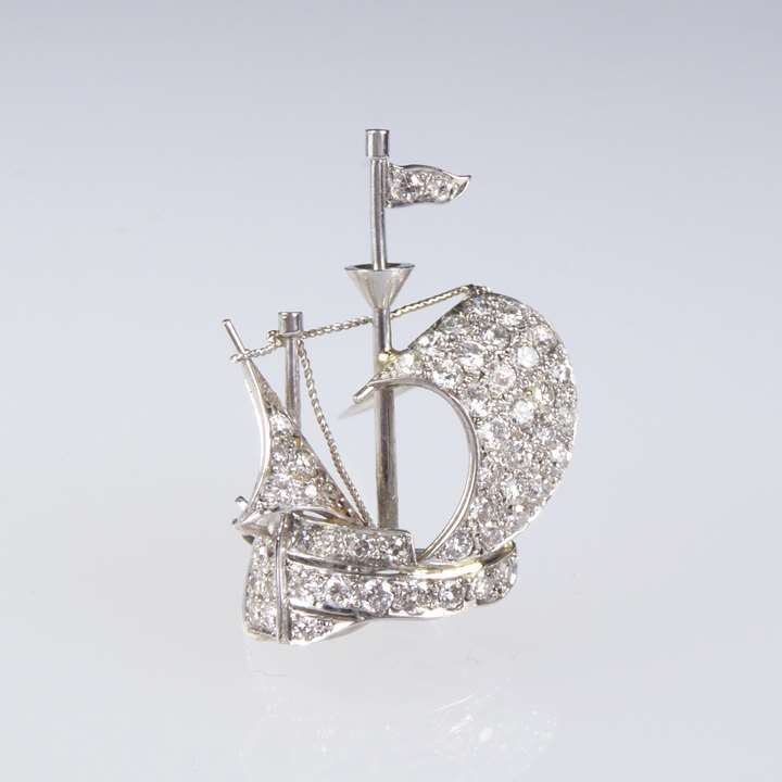 Diamond and platinum sailing ship brooch